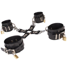 Load image into Gallery viewer, Heavy Rubber 4-Way Hog-Tie Connector - Vilain Garçon - A heavy rubber 4-way connector for hogtie with Heavy rubber wrist cuff and heavy rubber ankle cuffs

